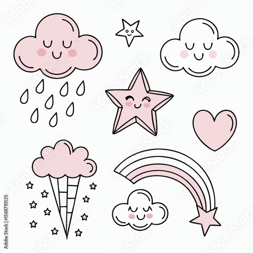 Adorable Cotton Candy Clouds Cute Cartoon Cloud, Star, and Rainbow Clipart Set