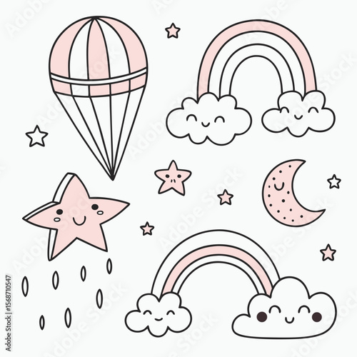 Adorable Cotton Candy Clouds, Stars, and Rainbows Cute Illustration Set
