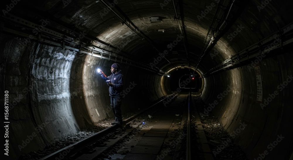 Obraz premium A lone figure in a dark subway tunnel