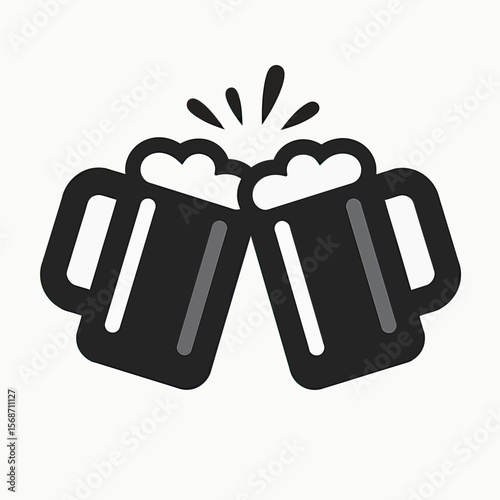 A modern and minimalist black and grey icon of two beer mugs clinking together in a toast, a simple vector symbol for a bar, pub, or celebratory event.
