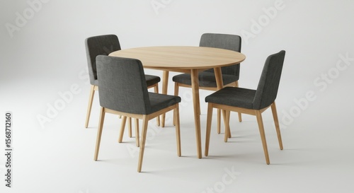 Round light wood dining table with four dark gray chairs