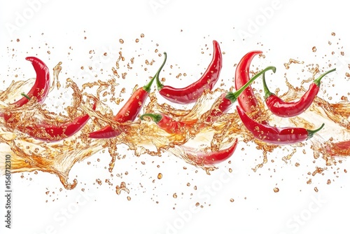 Red chili peppers splashing in orange liquid, isolated on white background.