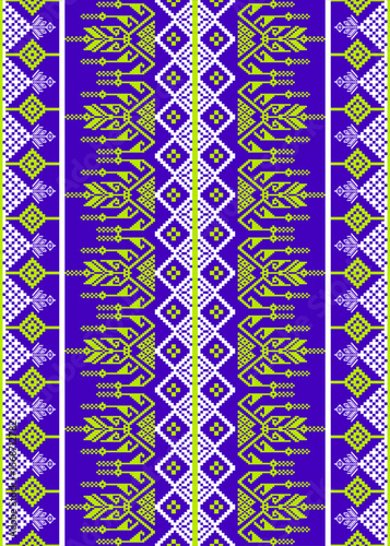 Purple Green Thai Pixel Textile Pattern | Ethnic Geometric Fabric Design