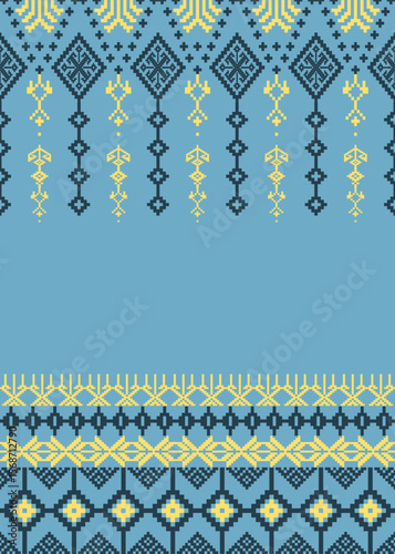 Blue Yellow Thai Pixel Textile Pattern | Traditional Ethnic Fabric Design