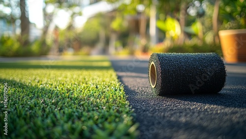 Black adhesive tape roll near artificial turf installation.