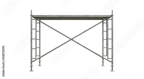 Gray metal scaffolding platform, isolated on white background.  A sturdy, rectangular,  work platform supported by  metal framework, ideal for construction