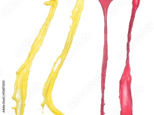 Banana juice tomato flying fall down, yellow red banana juice wave explode. Yellow red paint color splash throwing in Air. White background Isolated high speed shutter, throwing freeze stop motion