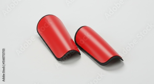 Two red shin guards, angled, on a plain white background