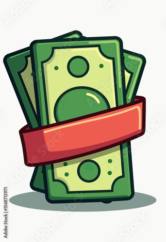 A vibrant cartoon illustration of a wad of cash wrapped in a red band, a perfect icon to represent savings, income, a financial bonus, or business profit.
