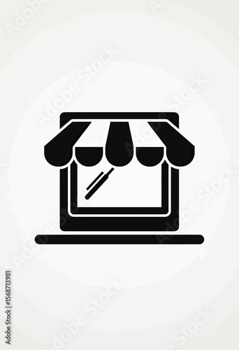 A creative black glyph icon combining a laptop and a storefront awning, symbolizing e-commerce, an online store, or a digital marketplace business.
