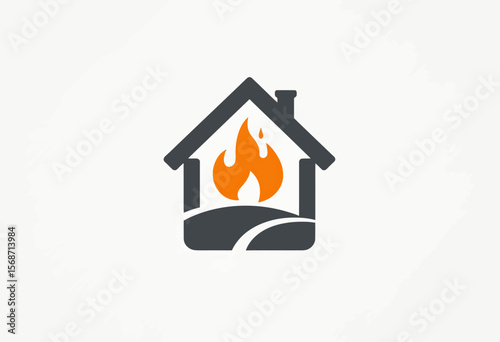 A modern logo icon featuring a house silhouette with a warm orange flame inside, perfect for a heating company, fireplace store, or home energy service.
