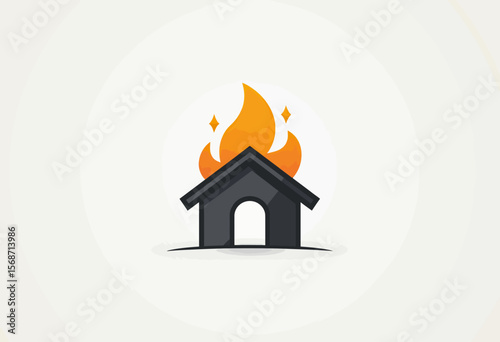 A modern and minimalist logo icon of a house on fire, a simple vector symbol for emergency services, fire insurance, or a "hot deal" in real estate.
