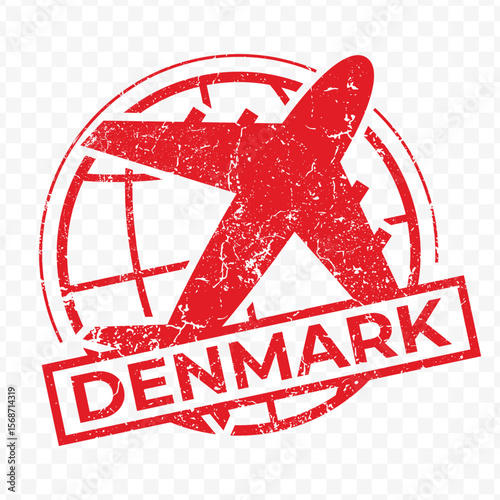 Red aviation stamp of the country of Denmark. Vector illustration with grunge effect on transparent background