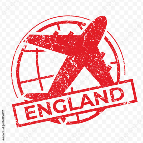 Red aviation stamp of the country of England. Vector illustration with grunge effect on transparent background
