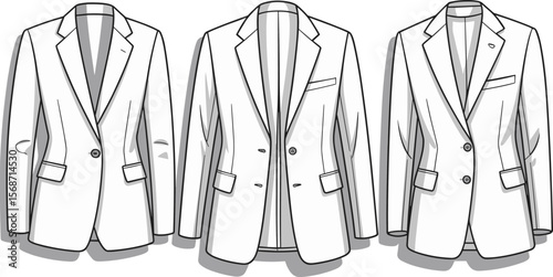 Professional Women's Blazer Collection Flat Technical Sketch, Featuring Single and Double-Breasted Styles, Ideal for Formal and Business Apparel Design.