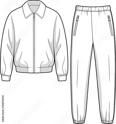 Sporty Tracksuit Set Technical Flat Sketch, Featuring Zipped Jacket and Jogger Pants, Ideal for Activewear, Loungewear, and Apparel Design.