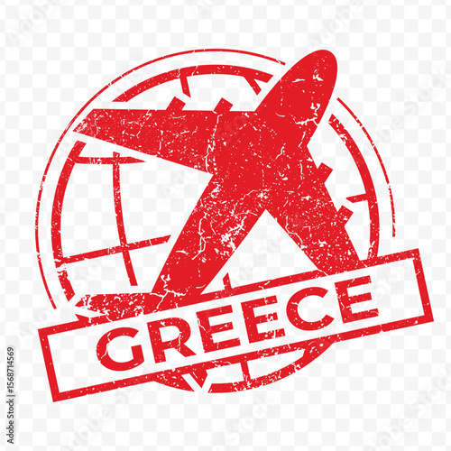 Red aviation stamp of the country of Greece. Vector illustration with grunge effect on transparent background
