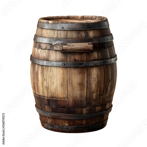 A vintage wooden barrel with metal bands and a wooden handle isolated on transparent background
