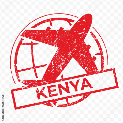 Red aviation stamp of the country of Kenya. Vector illustration with grunge effect on transparent background