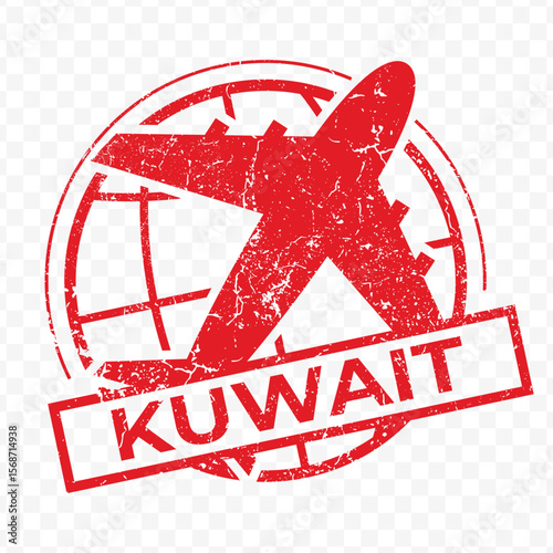 Red aviation stamp of the country of Kuwait. Vector illustration with grunge effect on transparent background