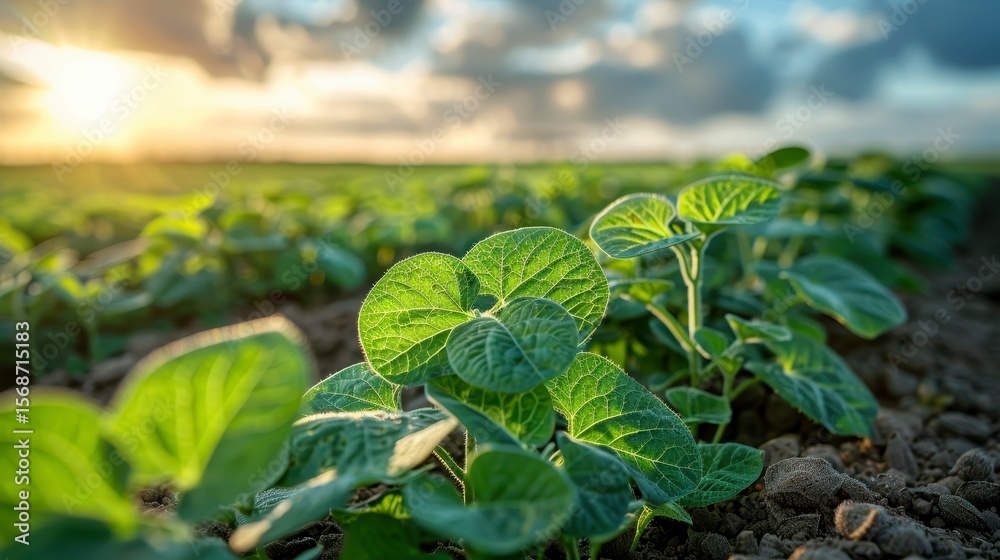 Obraz premium Green crops growing in a field under a cloudy sky at sunset