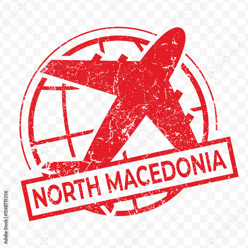 Red aviation stamp of the country of North Macedonia. Vector illustration with grunge effect on transparent background