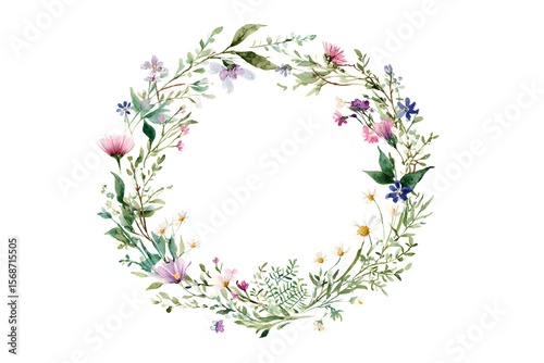 Watercolor pastel-colored vintage circular frame made from wild flowers, herbs, and vines clipart on a white background.