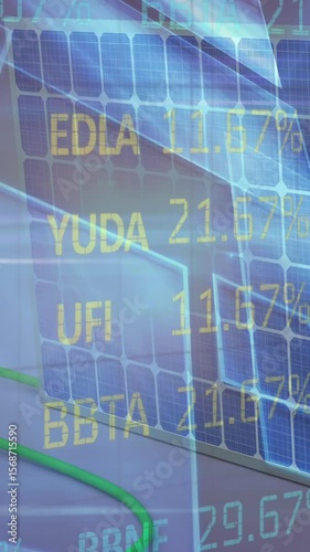 Animation of financial data processing over solar panel