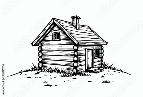 A rustic log cabin sits on a grassy hill in this detailed black and white woodcut illustration, ideal for representing wilderness, camping, or a peaceful retreat.
