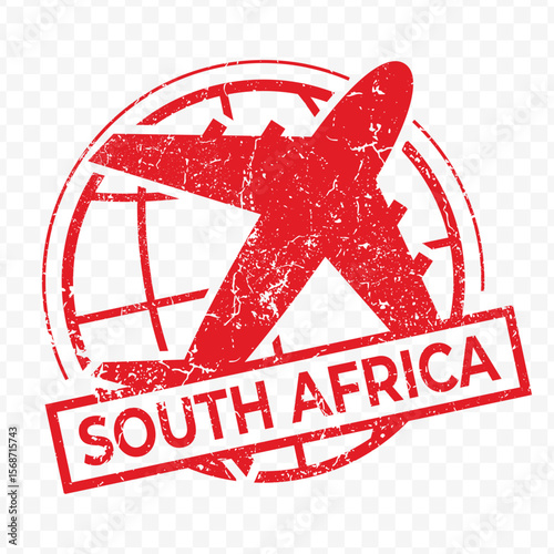 Red aviation stamp of the country of South Africa. Vector illustration with grunge effect on transparent background