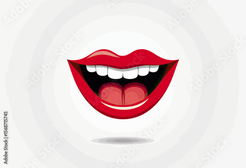 A big, joyful smiling mouth with bright red lips and pearly white teeth, a cheerful vector icon representing happiness, laughter, and positive expression.
