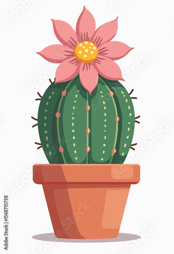 A cute cartoon illustration of a blooming barrel cactus with a lovely pink flower, planted in a terracotta pot for a charming botanical or home decor design.
