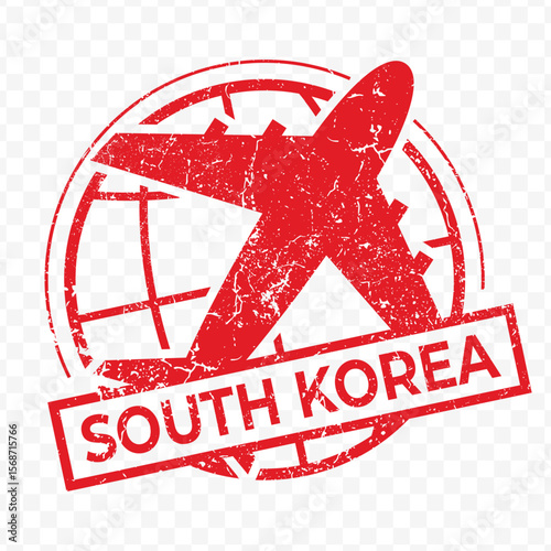 Red aviation stamp of the country of South Korea. Vector illustration with grunge effect on transparent background
