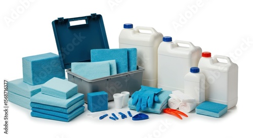 Assorted blue and white spill control kit on white background.  Several plastic containers, absorbent pads, gloves, and tools are arranged
