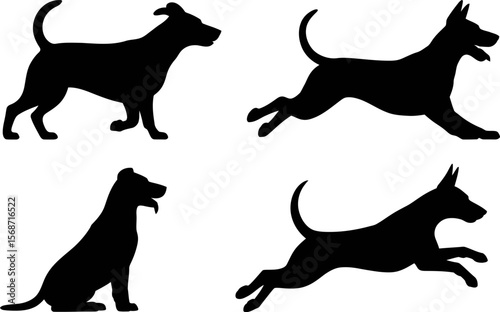 Dog silhouette vector art pack featuring running dogs sitting dogs and standing dog graphics for design