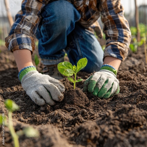 Young gardener plants seedling in a rich soil bed during sunny afternoon in a vibrant garden