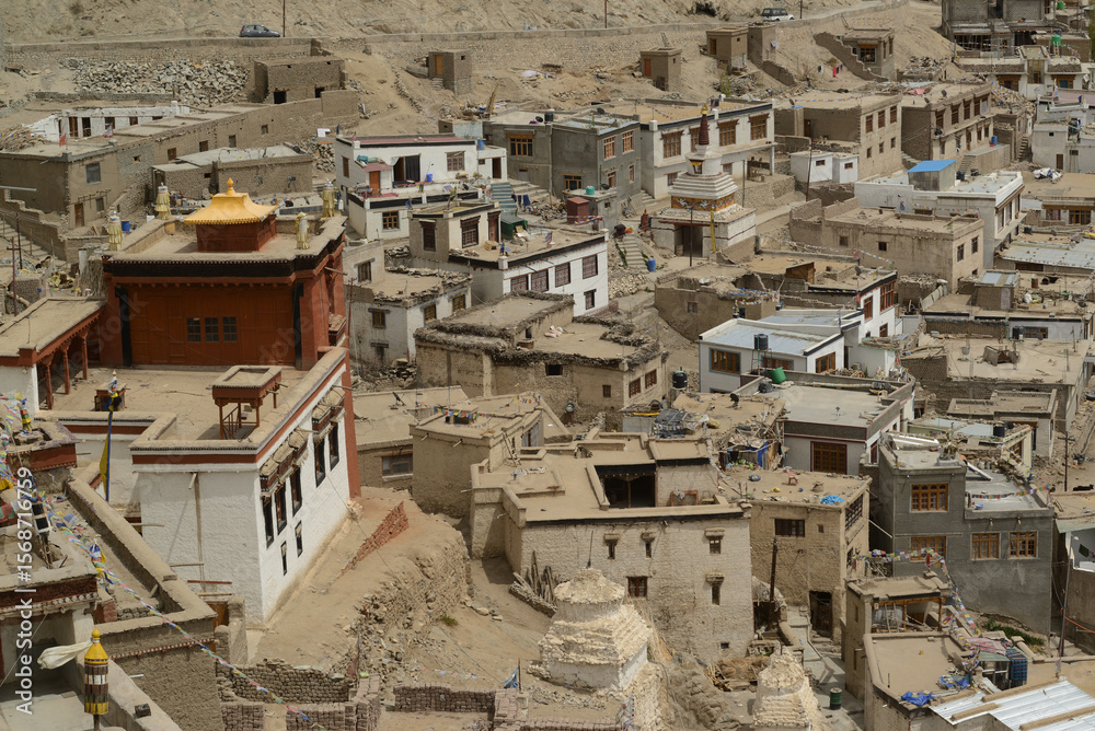 Fototapeta premium Panoramic view of Leh city and surrounding area from Leh Palace. Leh Palace is 9 storeys high and is open to the public. Located Leh city in India.