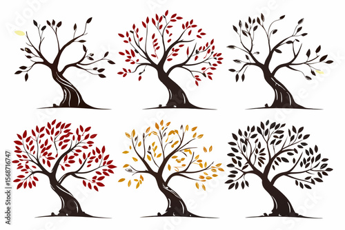 set of Olive Tree vector silhouette illustration isolated on white background