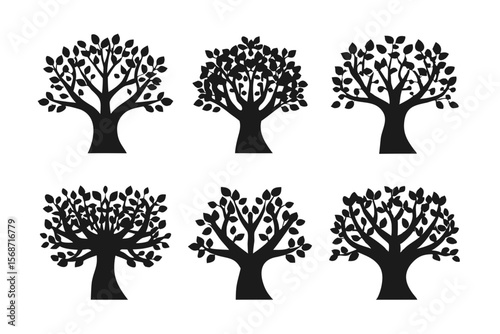 set of Olive Tree vector silhouette illustration isolated on white background