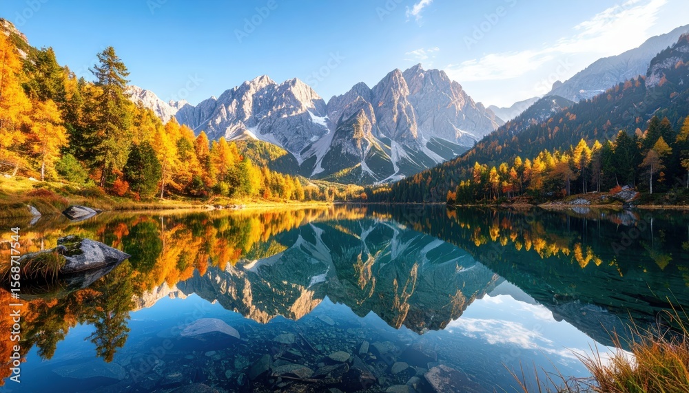 Naklejka premium A serene lake reflects majestic mountains surrounded by vibrant autumn foliage under a clear blue sky.