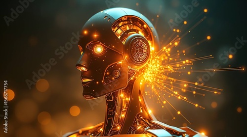 Ethereal robot with golden light aura