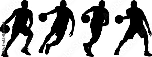 Basketball players silhouette dribbling ball vector illustration in black and white background design