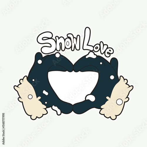 Cute Snow Love illustration with mittens forming a heart, snow accents, and romantic holiday vibes. Ideal for Christmas cards, festive stickers, cozy winter designs, and seasonal love-themed