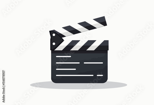 A classic black and white movie clapperboard icon in a modern flat design style, symbolizing filmmaking, cinema production, and the entertainment industry.
