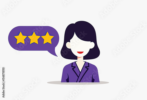 A modern flat design icon of a professional woman giving a three-star review in a speech bubble, illustrating customer satisfaction and service feedback.
