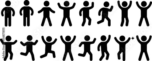 Stick figures vector set: diverse poses, jumping, running, celebrating, and standing stickman icons