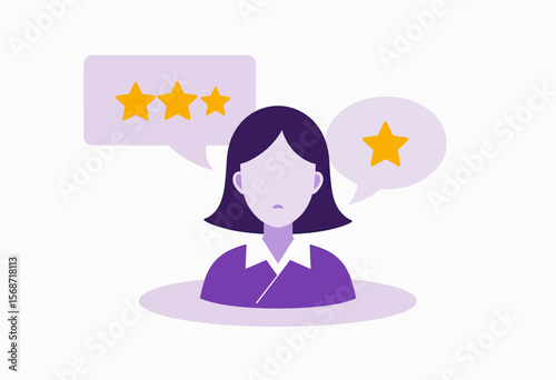A faceless female avatar represents diverse customer feedback, with speech bubbles showing both one-star and three-star ratings for user experience analysis.
