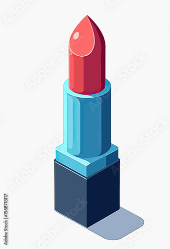 A modern isometric illustration of a classic red lipstick in a stylish blue and black case, representing a beauty essential for makeup or cosmetic branding.
