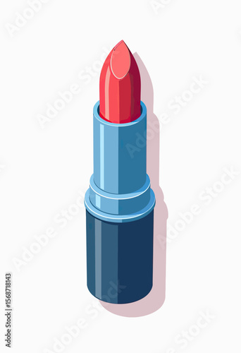 A modern isometric vector illustration of a vibrant red lipstick in a sleek case, symbolizing beauty, cosmetics, makeup artistry, and fashion essentials.
