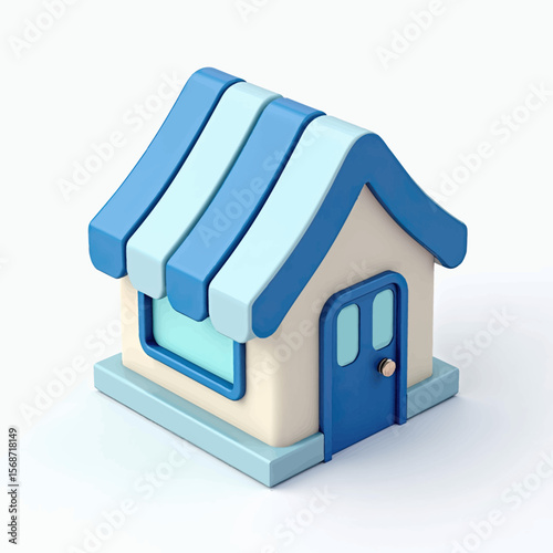 A minimalist 3D rendering of a cute cartoon house or shop icon with a blue roof and door, symbolizing real estate, home ownership, or a small business.
